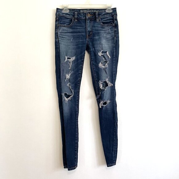 AMERICAN EAGLE AE Jegging Dark Wash Ripped Rips Distressed Jeggings Jeans 2 REG - Picture 2 of 13